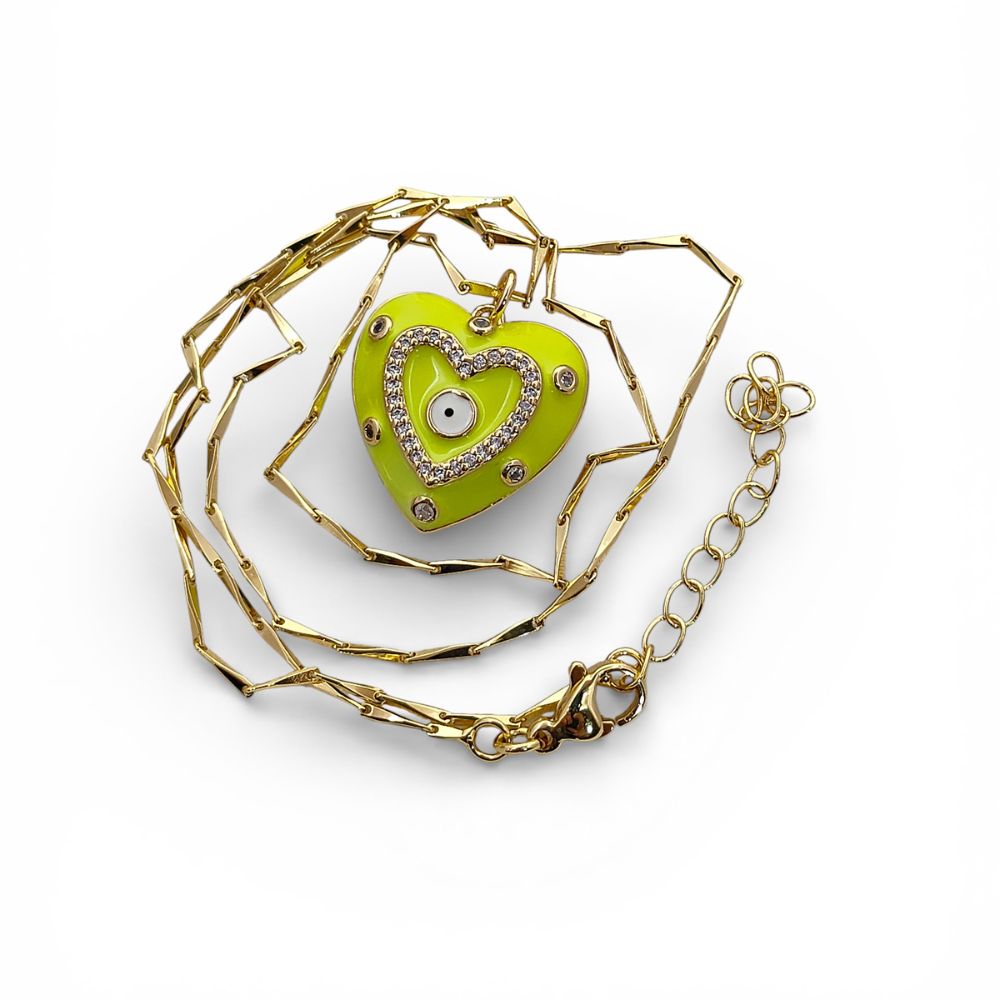 Gold Enamel Colorful Evil Eye Heart Charm Necklace CZ Micropavé Protective Love Jewelry for Women – Selling Per Piece