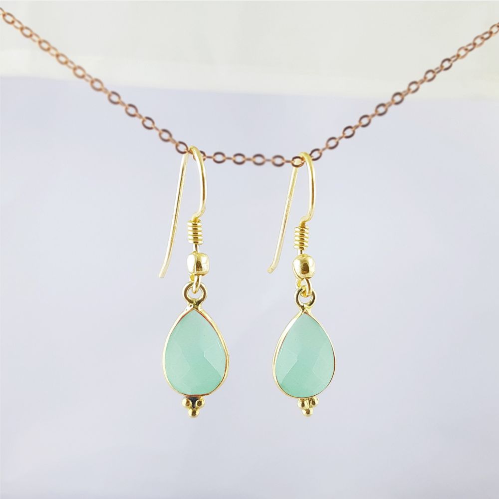 Minimalist Aqua Chalcedony Gemstone Earrings – Teardrop Gold Plated Jewelry Gift