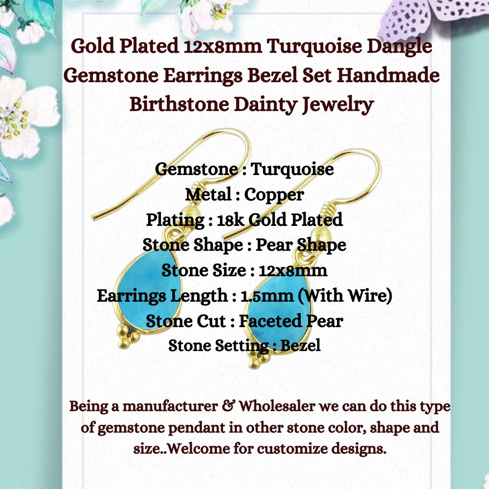 Gold Plated 12x8mm Turquoise Dangle Gemstone Earrings Bezel Set Handmade Birthstone Dainty Jewelry- Selling Per Piece