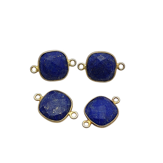 Gold plated blue sapphire cushion cut connector charm in 925 sterling silver bezel