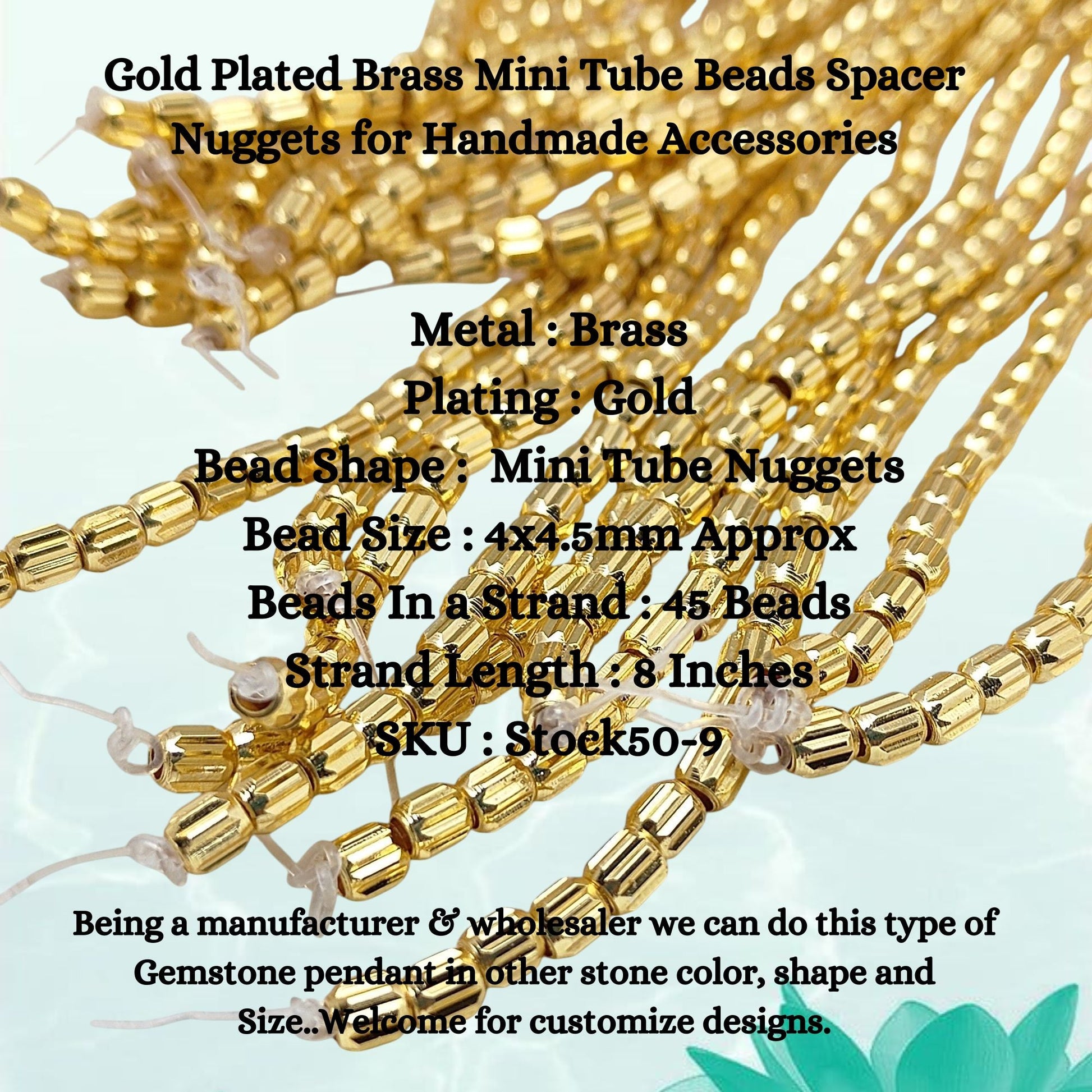 Close-up of mini tube-shaped gold plated brass spacer beads
