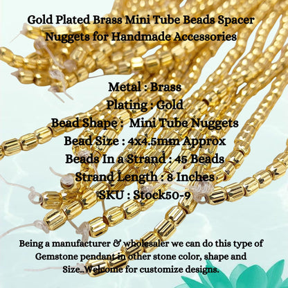 Close-up of mini tube-shaped gold plated brass spacer beads