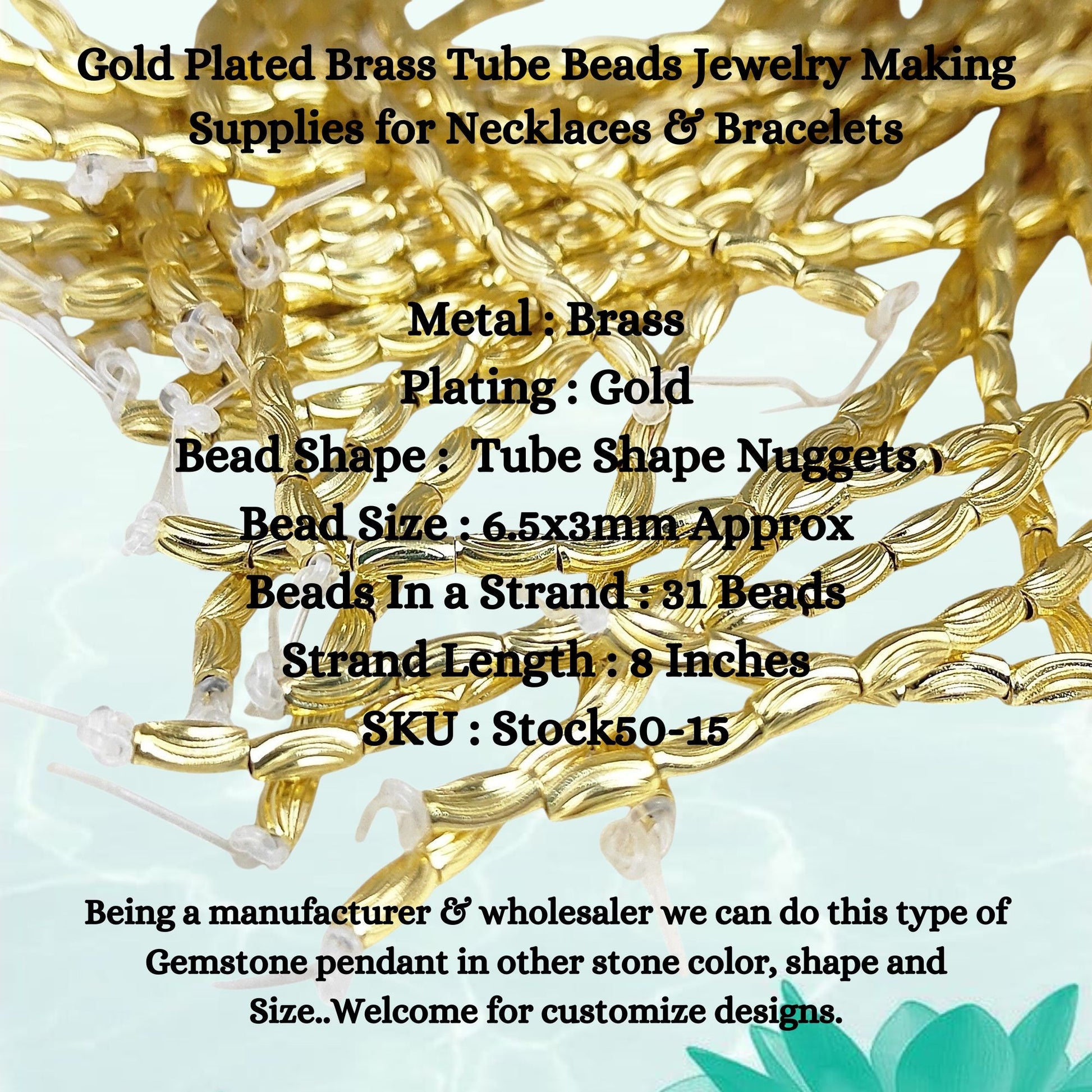 Close-up of smooth gold plated brass tube spacer beads