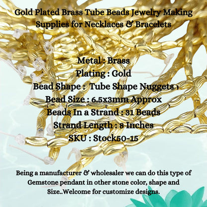 Close-up of smooth gold plated brass tube spacer beads