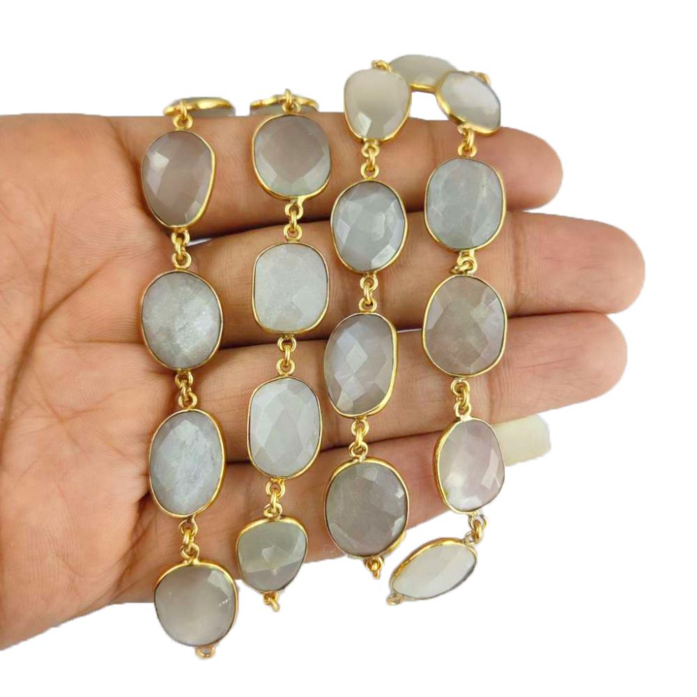 Handmade gold bezel grey moonstone chain by foot