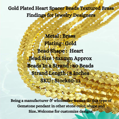 Close-up of textured heart shaped gold plated brass spacer beads
