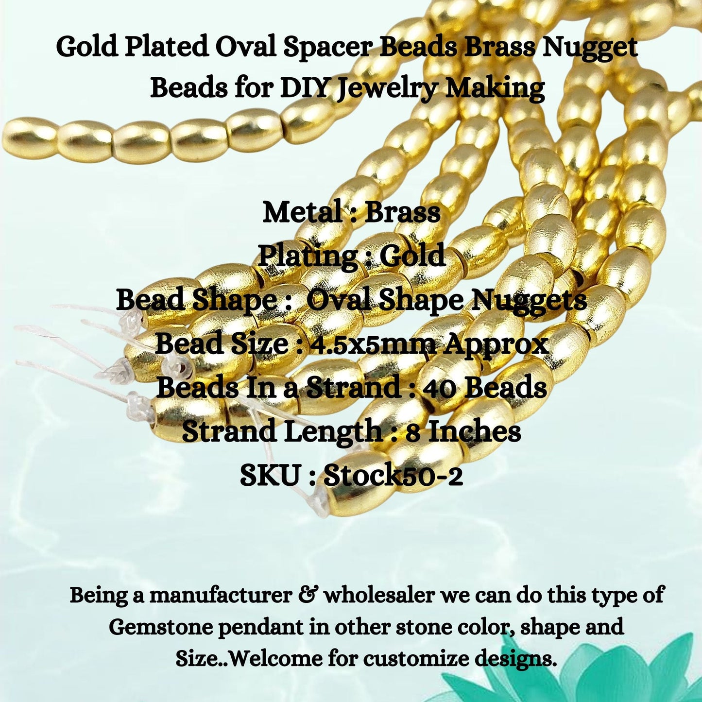 Close-up of gold brass oval nugget spacer beads for handmade jewelry