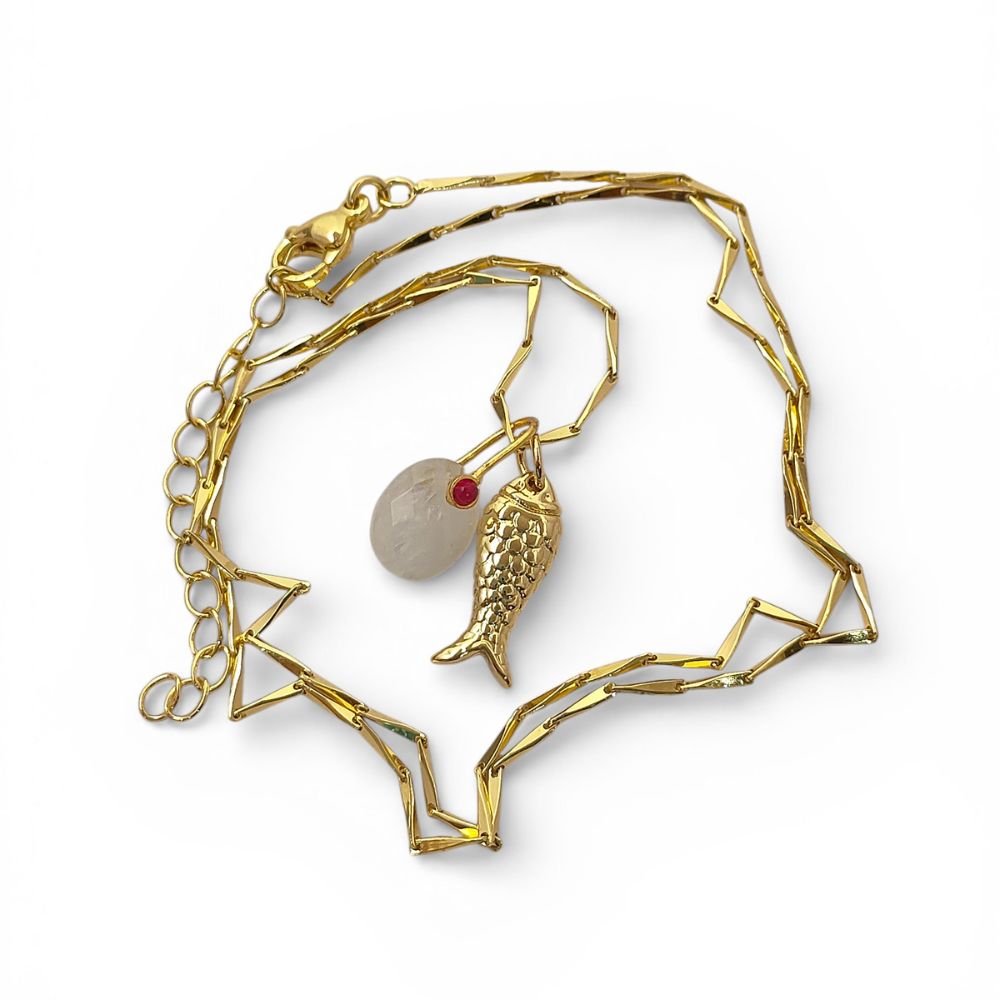 Gold Plated Rainbow Moonstone Fish Necklace, Tropical Beach Charm Pendant, Layered Ocean Inspired Jewelry for Women