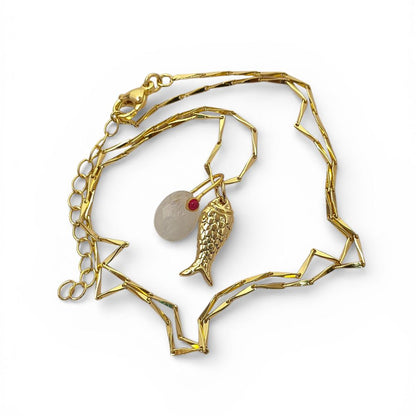 Gold Plated Rainbow Moonstone Fish Necklace, Tropical Beach Charm Pendant, Layered Ocean Inspired Jewelry for Women