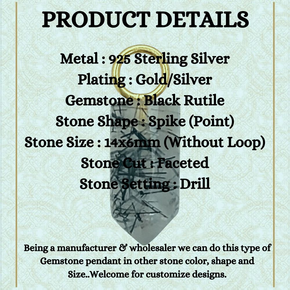 Gold Plated Sterling Silver Black Rutile Quartz Pendant 14x6mm Handcrafted Pencil Cut Gemstone Spike Charm- Selling Per Piece