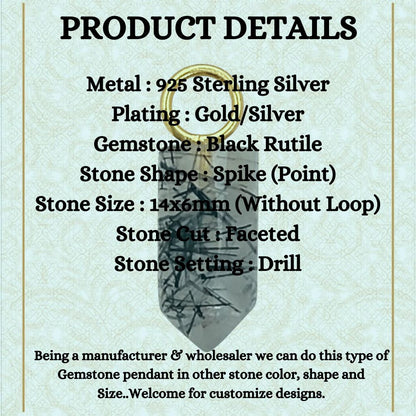 Gold Plated Sterling Silver Black Rutile Quartz Pendant 14x6mm Handcrafted Pencil Cut Gemstone Spike Charm- Selling Per Piece