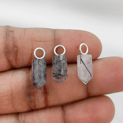 Gold Plated Sterling Silver Black Rutile Quartz Pendant 14x6mm Handcrafted Pencil Cut Gemstone Spike Charm- Selling Per Piece