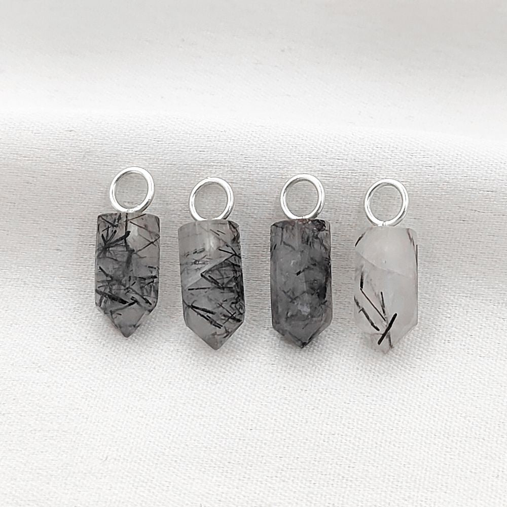 Gold Plated Sterling Silver Black Rutile Quartz Pendant 14x6mm Handcrafted Pencil Cut Gemstone Spike Charm- Selling Per Piece