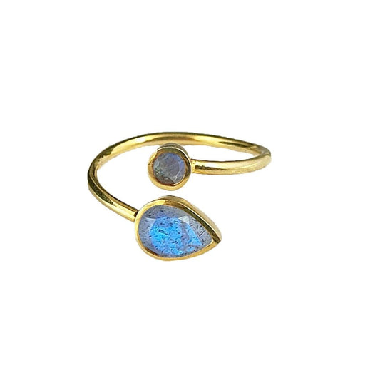 Handmade Gold Plated Sterling Silver Blue Labradorite Adjustable Ring Double Gemstone Open Band Jewelry