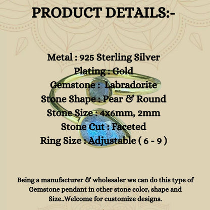 Gold Plated Sterling Silver Blue Labradorite Adjustable Ring with Two Faceted Gemstones