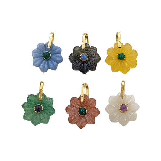 Gold Plated Sterling Silver Carved Gemstone Flower Pendant