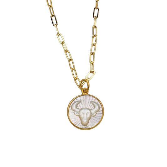 Mother of Pearl Zodiac Pendant for Necklace Gold Plated Astrology Sign Charm on Paperclip Chain Horoscope Jewelry Gift- Selling Per Piece