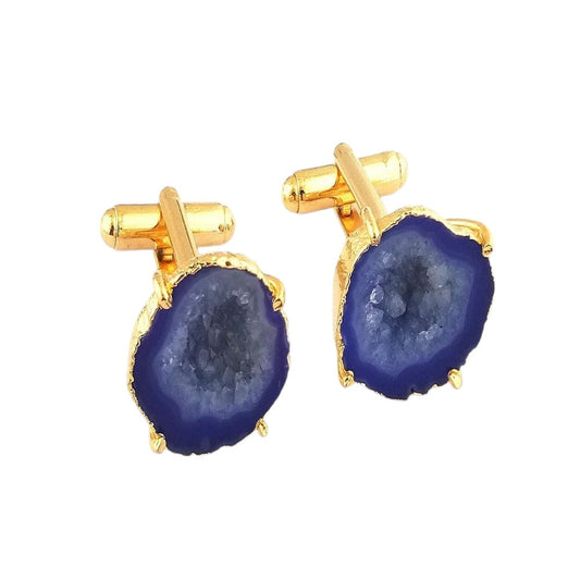 Gold Plated Violet Druzy Cufflinks - Natural Geode Stone Jewelry - Formal Men’s Gift Set (Pair)