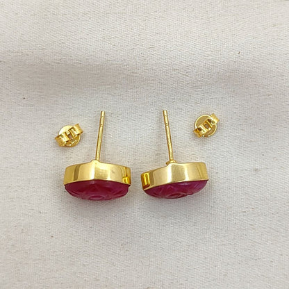 Gold Vermeil Evil Eye Earrings Hand Carved Dyed Ruby Marquise Studs, Boho Gemstone Style – Selling Per Piece
