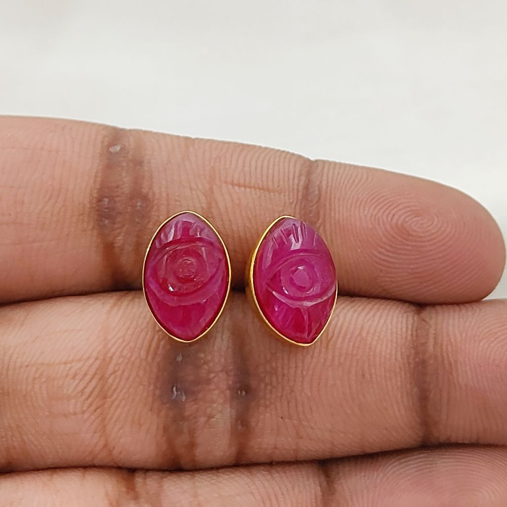 Gold Vermeil Evil Eye Earrings Hand Carved Dyed Ruby Marquise Studs, Boho Gemstone Style – Selling Per Piece