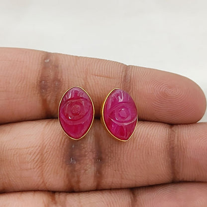 Gold Vermeil Evil Eye Earrings Hand Carved Dyed Ruby Marquise Studs, Boho Gemstone Style – Selling Per Piece