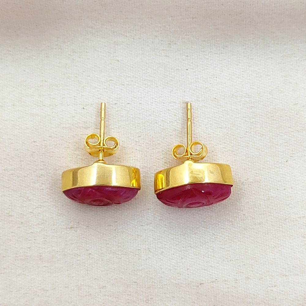 Gold Vermeil Evil Eye Earrings Hand Carved Dyed Ruby Marquise Studs, Boho Gemstone Style – Selling Per Piece