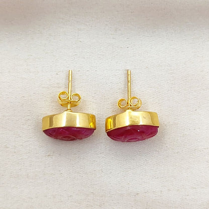 Gold Vermeil Evil Eye Earrings Hand Carved Dyed Ruby Marquise Studs, Boho Gemstone Style – Selling Per Piece
