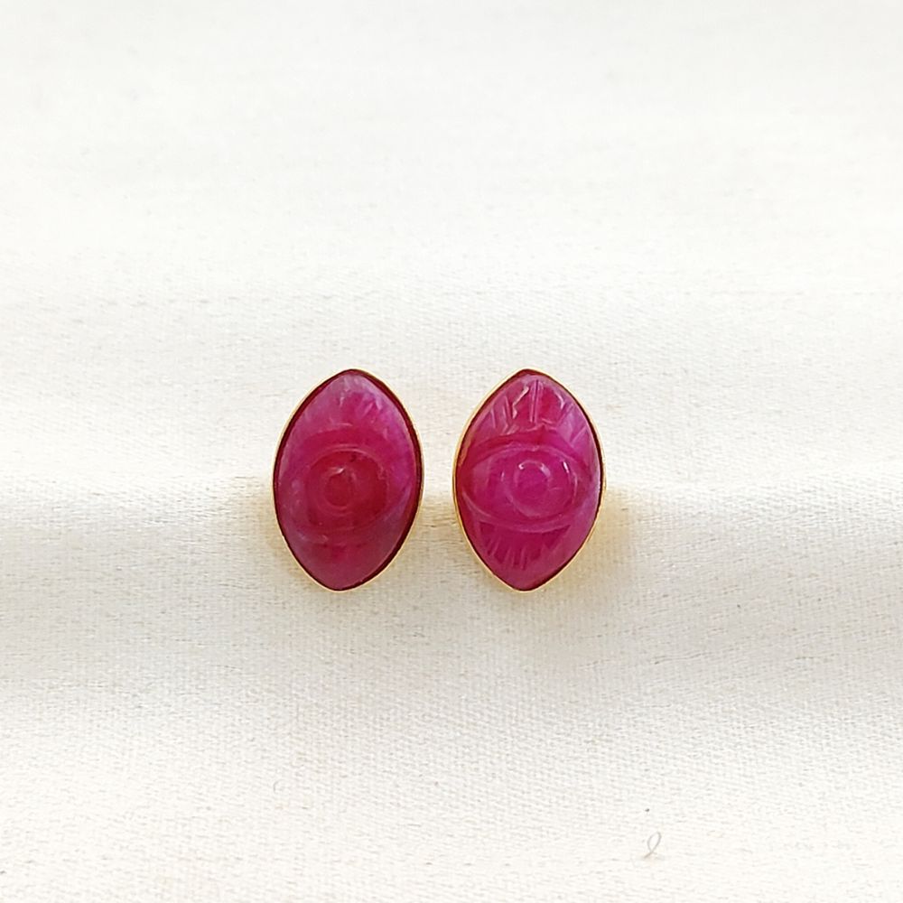 Gold Vermeil Evil Eye Earrings Hand Carved Dyed Ruby Marquise Studs, Boho Gemstone Style – Selling Per Piece