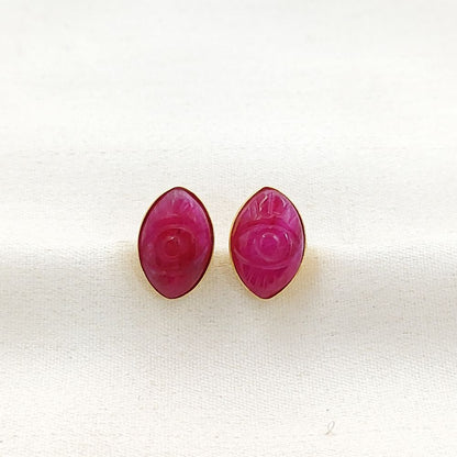 Gold Vermeil Evil Eye Earrings Hand Carved Dyed Ruby Marquise Studs, Boho Gemstone Style – Selling Per Piece