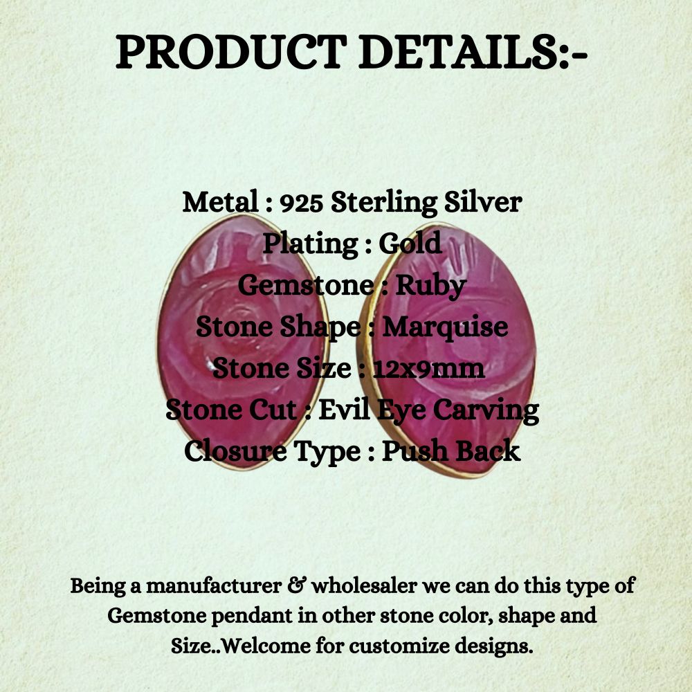 Gold Vermeil Evil Eye Earrings Hand Carved Dyed Ruby Marquise Studs, Boho Gemstone Style – Selling Per Piece