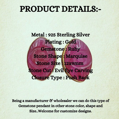 Gold Vermeil Evil Eye Earrings Hand Carved Dyed Ruby Marquise Studs, Boho Gemstone Style – Selling Per Piece