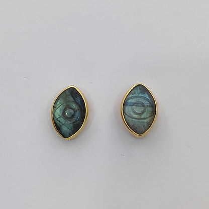 Gold Vermeil Labradorite Evil Eye Stud Earrings Hand Carved Marquise Bohemian Gemstone Jewelry – Selling Per Piece