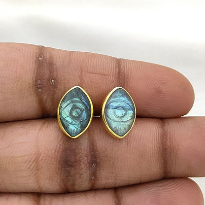 Gold Vermeil Labradorite Evil Eye Stud Earrings Hand Carved Marquise Bohemian Gemstone Jewelry – Selling Per Piece