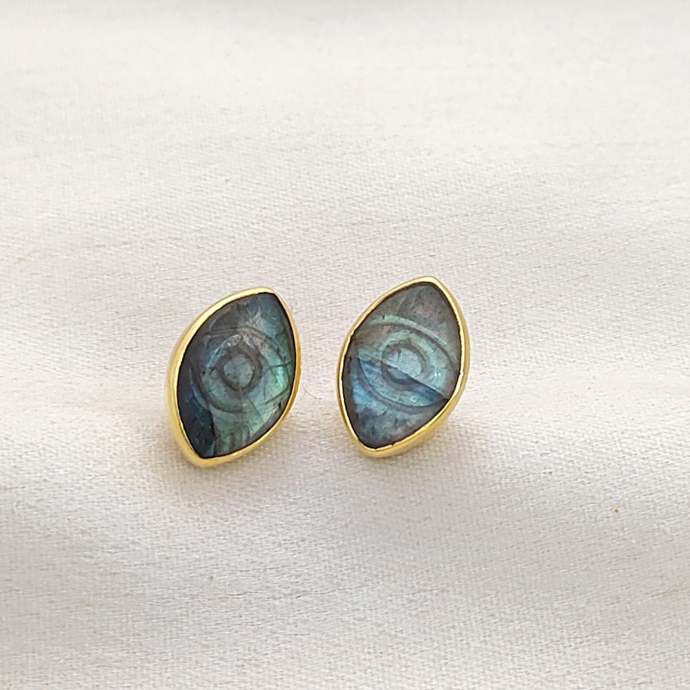 Gold Vermeil Labradorite Evil Eye Stud Earrings Hand Carved Marquise Bohemian Gemstone Jewelry – Selling Per Piece
