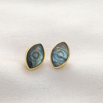 Gold Vermeil Labradorite Evil Eye Stud Earrings Hand Carved Marquise Bohemian Gemstone Jewelry – Selling Per Piece