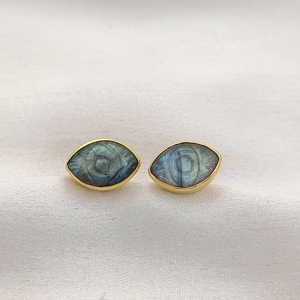 Gold Vermeil Labradorite Evil Eye Stud Earrings Hand Carved Marquise Bohemian Gemstone Jewelry – Selling Per Piece