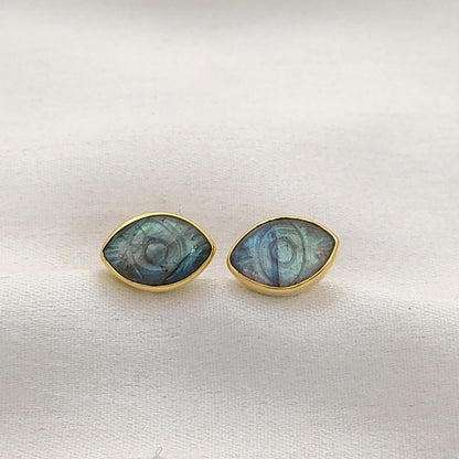 Gold Vermeil Labradorite Evil Eye Stud Earrings Hand Carved Marquise Bohemian Gemstone Jewelry – Selling Per Piece
