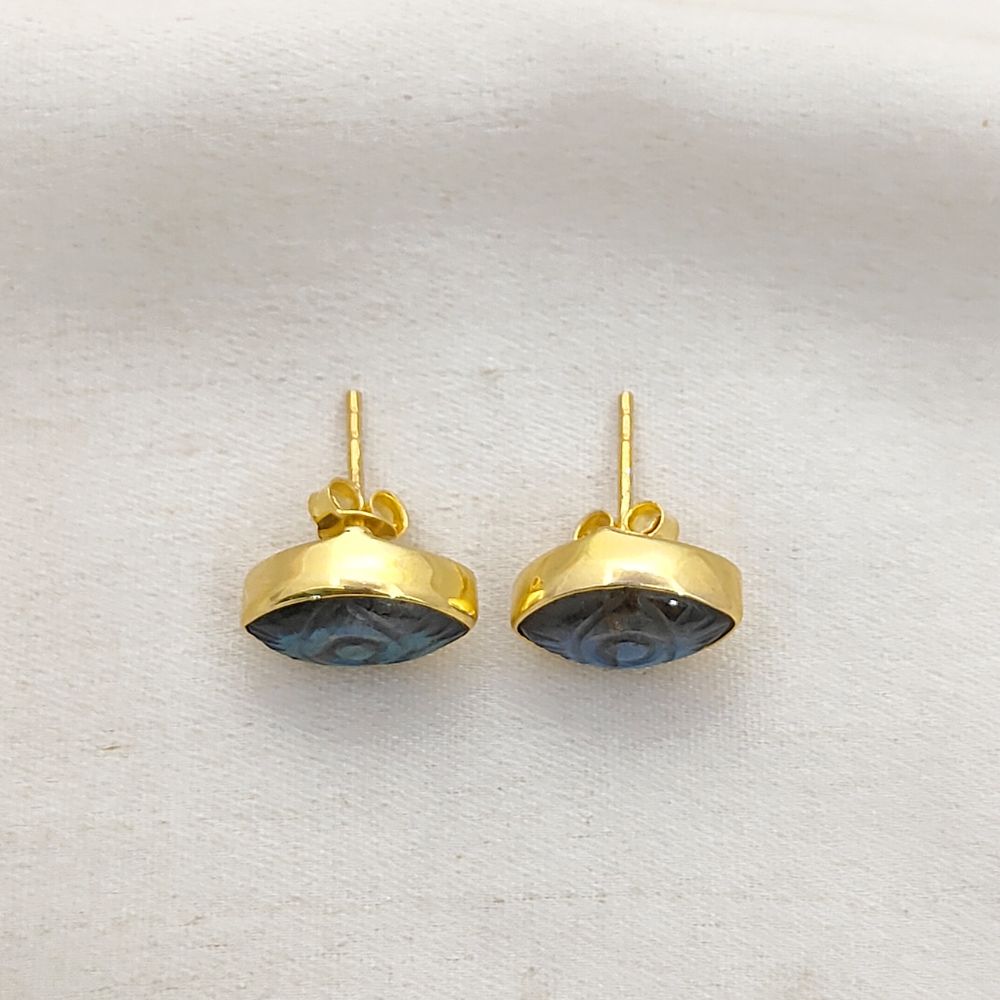 Gold Vermeil Labradorite Evil Eye Stud Earrings Hand Carved Marquise Bohemian Gemstone Jewelry – Selling Per Piece