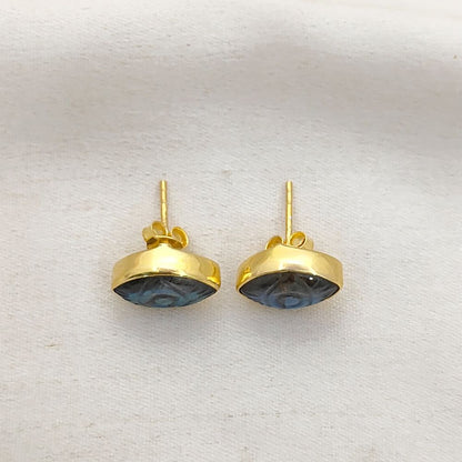 Gold Vermeil Labradorite Evil Eye Stud Earrings Hand Carved Marquise Bohemian Gemstone Jewelry – Selling Per Piece