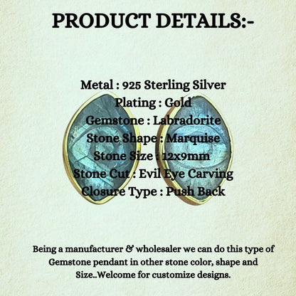 Gold Vermeil Labradorite Evil Eye Stud Earrings Hand Carved Marquise Bohemian Gemstone Jewelry – Selling Per Piece