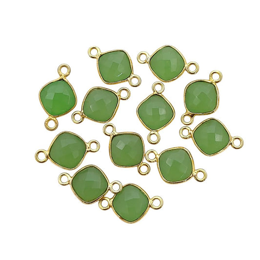 Green Chalcedony Cushion Gemstone Connector 8mm Gold Plated Dual Loop Faceted Link for DIY Jewelry- Selling Per Piece