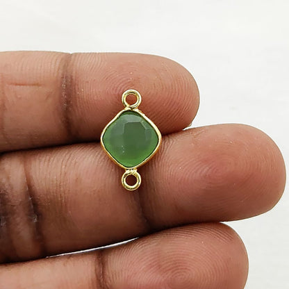 Green Chalcedony Cushion Gemstone Connector 8mm Gold Plated Dual Loop Faceted Link for DIY Jewelry- Selling Per Piece
