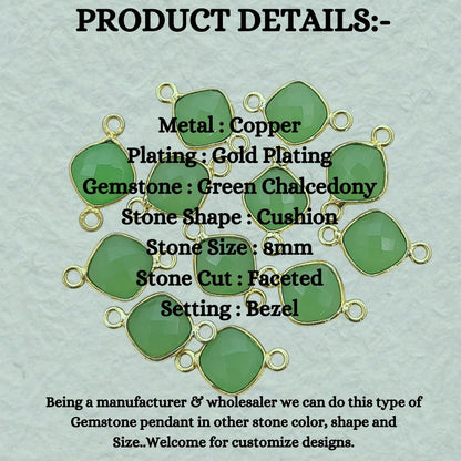 Green Chalcedony Cushion Gemstone Connector 8mm Gold Plated Dual Loop Faceted Link for DIY Jewelry- Selling Per Piece