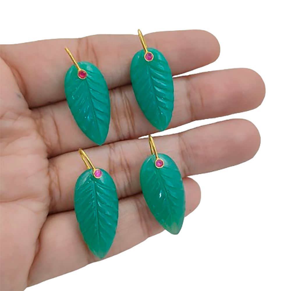 Green Chrysoprase Leaf Carved Pendant Gold Plated 925 Silver Gemstone Necklace Charm for Women