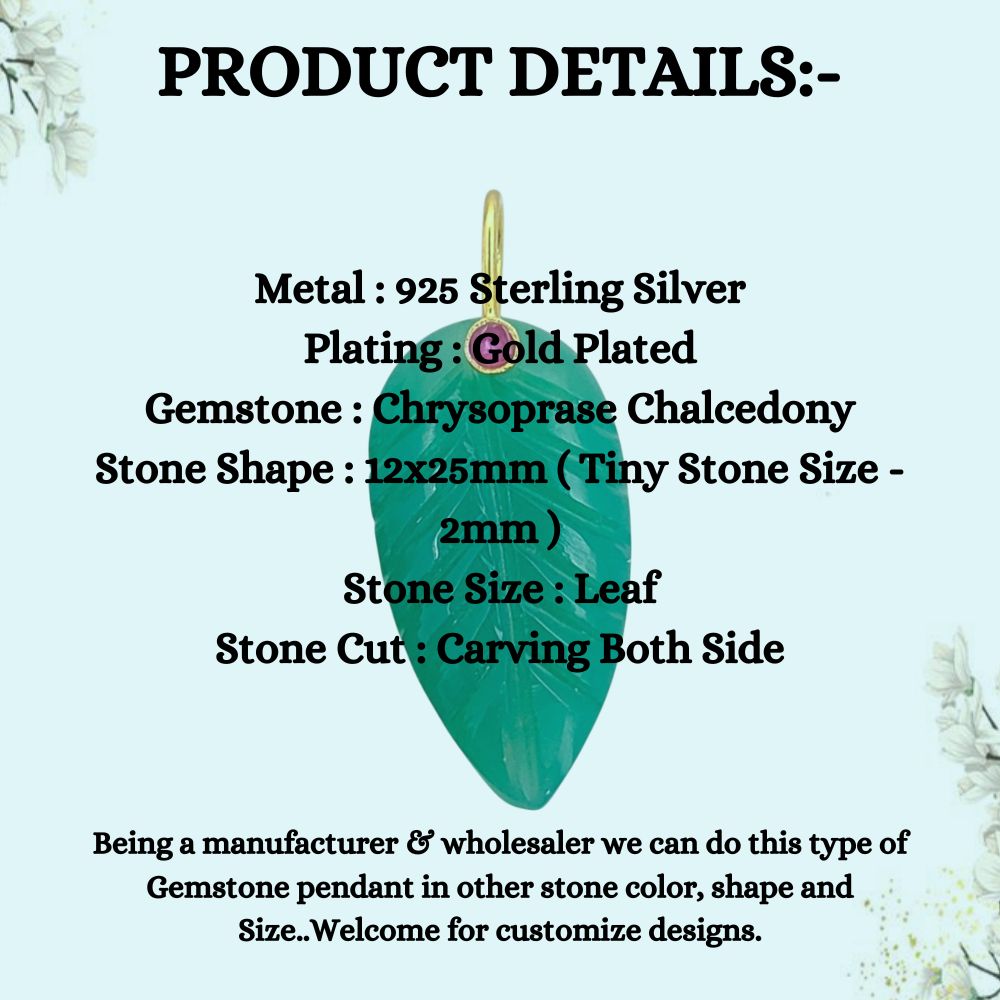 Green Chrysoprase Leaf Carved Pendant Gold Plated 925 Silver Gemstone Necklace Charm for Women