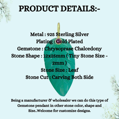 Green Chrysoprase Leaf Carved Pendant Gold Plated 925 Silver Gemstone Necklace Charm for Women