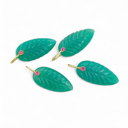 Green Chrysoprase Leaf Carved Pendant Gold Plated 925 Silver Gemstone Necklace Charm for Women