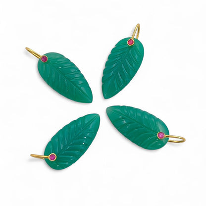 Green Chrysoprase Leaf Carved Pendant Gold Plated 925 Silver Gemstone Necklace Charm for Women