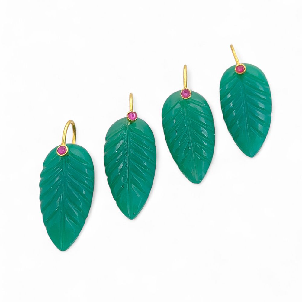 Green Chrysoprase Leaf Carved Pendant Gold Plated 925 Silver Gemstone Necklace Charm for Women