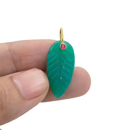Green Chrysoprase Leaf Carved Pendant Gold Plated 925 Silver Gemstone Necklace Charm for Women